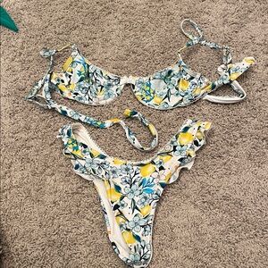 Black Bough Floral Bikini Set with Ruffle Details size small new